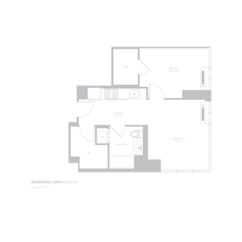 Floor plan for 1 bed, 1 bath, 613 sqft